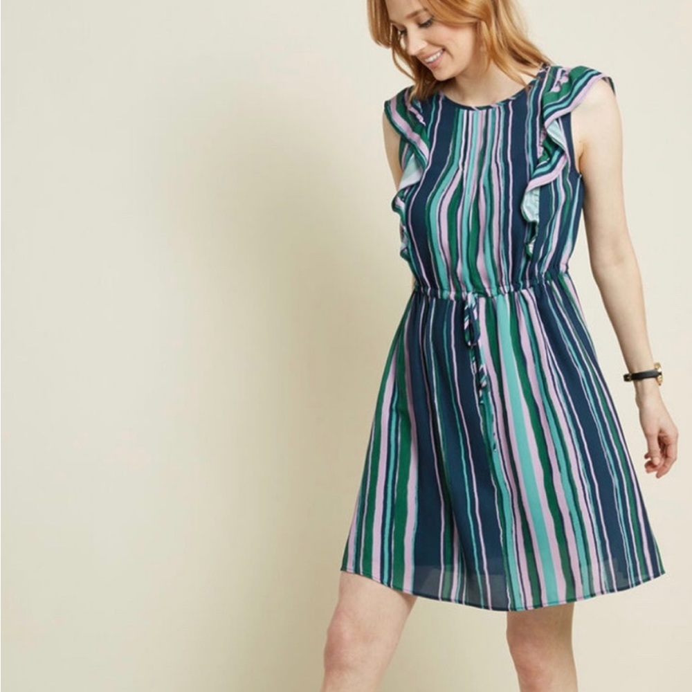 ModCloth Multicolored Striped Get Into The Ruffle Drawstring Waist Dress NWOT L